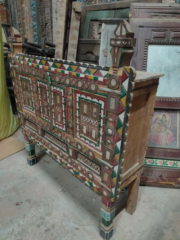 Antique Hand Carved Hand Painted Mirror Work Wooden Damchiya